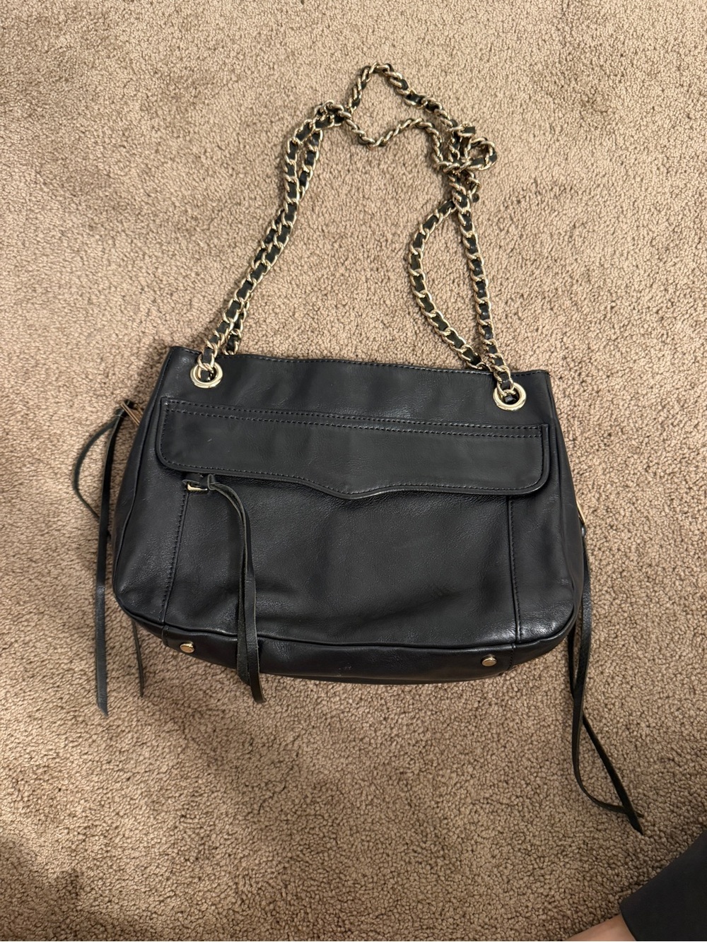 Rebecca Minkoff Black Leather Shoulder Bag with Gold Chain